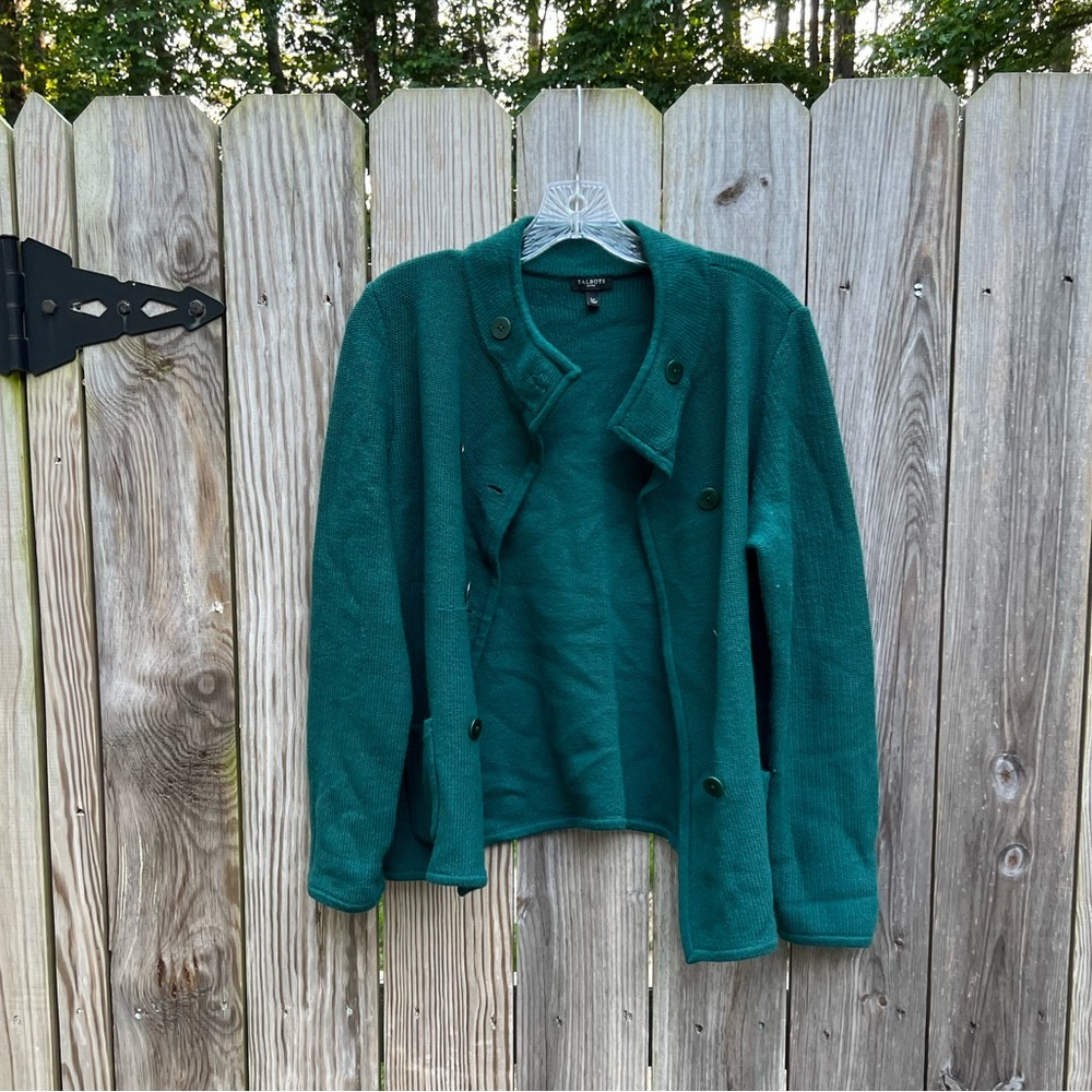 TALBOTS Green Double Breasted Cardigan Sweater size Large Petite - Picture 2 of 8